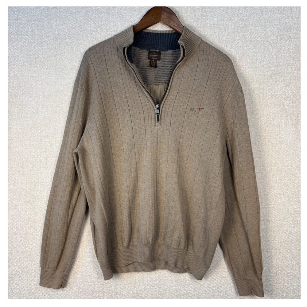 Greg Norman Tasso Elba Men XL Quarter Zip Sweater Tan Ribbed Shark Logo Pullover